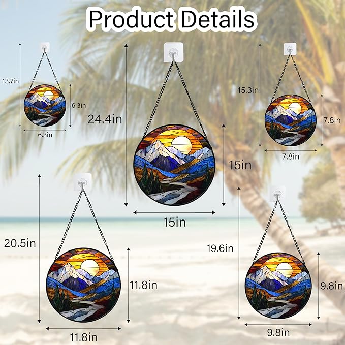 AMDERVEN Stained Glass Window Hanging, Yellow Blue Sunset Mountains Scenery Sun Catcher for Window Home Decor Landscape Suncatcher Mother's Day Birthday Gifts for Women Men Mom and Nana 11.8 in