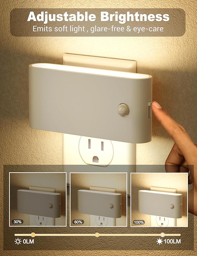 JandCase Motion Senor Night Light,2 Pack Night Lights Plug into Wall, 0-100 LM Dimmable Plug in Nightlight, LED Night Light, 3000K Warm White for Bedroom Bathroom Hallway Home Decor
