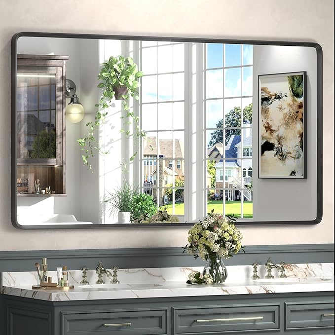 55x30 Black Matte Mirror for Bathroom, Black Metal Framed Rectangle Vanity Mirror, Large Rounded Mirror for Bathroom, Anti-Rust, Shatterproof (Horizontal/Vertical)