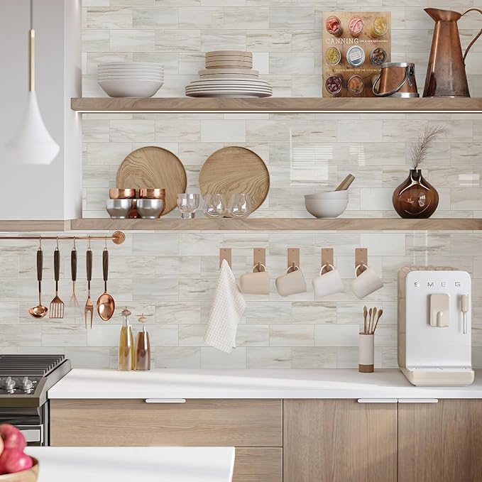 Vamos Tile 4-Piece Glossy Wooden Marble Grain Peel and Stick Backsplash Tile,3''x6'' PVC Subway Tile with White Grout, Stick on Backsplash for Kitchen/Bathroom/Fireplace