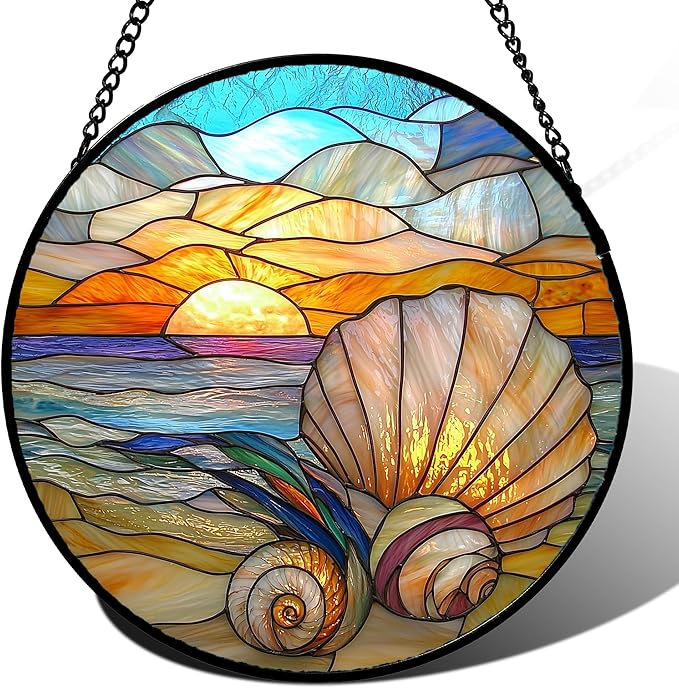AMDERVEN Stained Glass Window Hanging - Colorful Beach Shells Conch Sun Catcher for Door Home Decor Ocean Suncatcher Christmas Mother's Day Birthday Sea Lover Gifts for Women Men Mom Nana 9.8 in