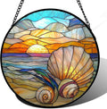 AMDERVEN Stained Glass Window Hanging - Colorful Beach Shells Conch Sun Catcher for Door Home Decor Ocean Suncatcher Christmas Mother's Day Birthday Sea Lover Gifts for Women Men Mom Nana 15 in