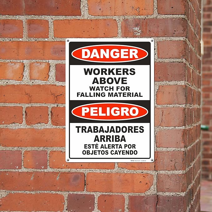 Brimar - 10" x 14" - Bilingual Workers Above Watch For Falling Material Sign - .055″ Polyethylene Plastic - Bold Text And Symbol - Easy Installation