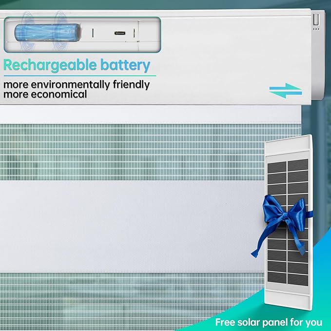 DENFOON Motorized Zebra Blinds, Solar Powered Dual Layer Automatic Shades with Remote Control, Rechargeable Smart Blinds Horizontal Wireless Electric Shades for Windows, Custom Size, White， 46 x 72