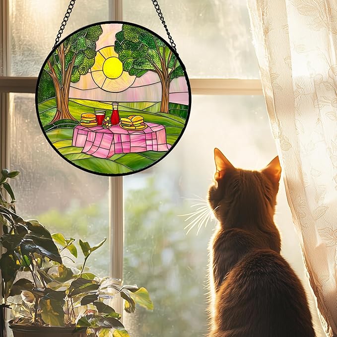 AMDERVEN Stained Glass Window Hanging 4 Pcs Set Pink Green Spring Saplings Flowers Large 11.8" - Suncatcher Door Garden Sun Catcher Home Decor Mother's Day for Woman Nana Mom Men