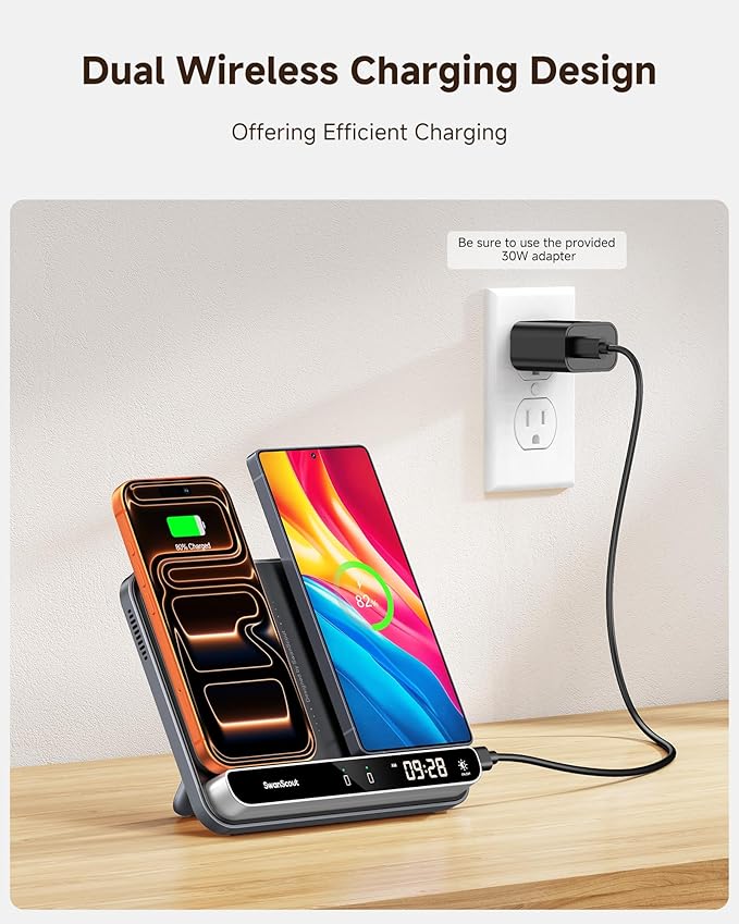 Dual Wireless Charger Stand, SwanScout 504, Foldable Wireless Charging Station Pad for iPhone Air/17/16/15/ Series, Samsung Galaxy S25/S24/S23, Android Phones, AirPods/Galaxy Buds (Black & Tech Grey)