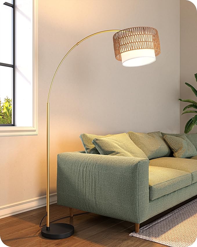 EDISHINE Gold Floor Lamps for Living Room, 76" Arc Floor Lamp with Remote & Dimmable Bulb, Boho Rattan Standing lamp with 5 Color Temperatures, Adjustable Tall Lamp for Bedroom, Office, Nursey