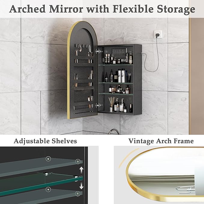 Gold Bathroom Medicine Cabinet with Mirror,Arched Bathroom Cabinet with Outlets,Vanity Mirror with Storage,Wall Mounted Medicine Cabinet with Adjustable Shelves,2 Power Outlets,16X32 Inch
