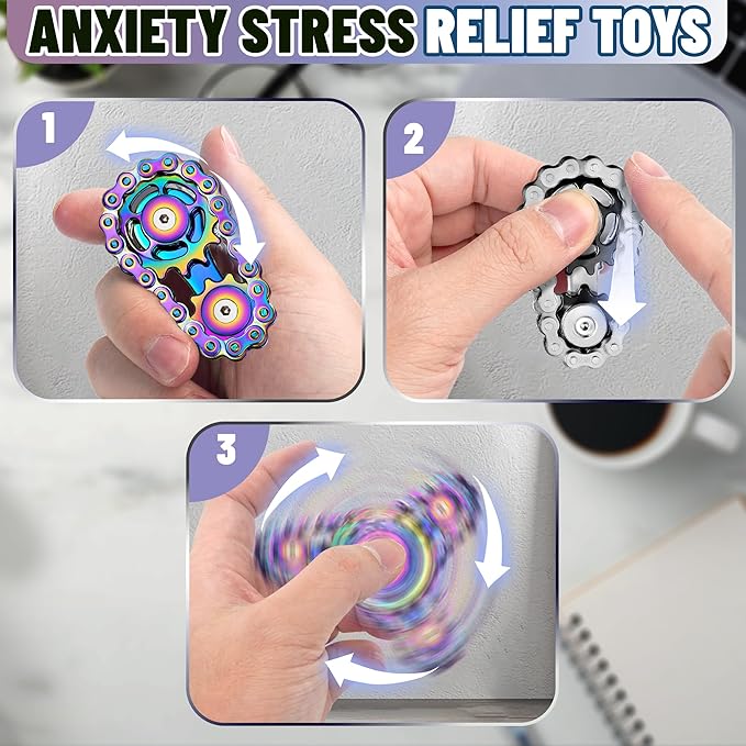 Valentines Day Gifts for Teens Boys Metal Fidget Spinner Toys for Adults Figette Bike Chain Roller Cool Gadgets ADHD Anxiety Stress Relief Items Figet Desk Offices EDC Men - Rainbow+Black