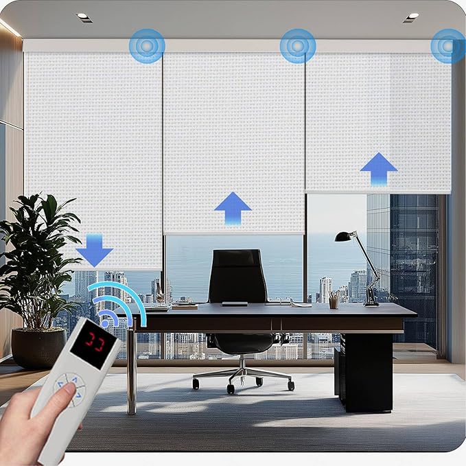 COOLWINDS Motorized Blinds with Remote Cordless Automatic Motorized Shades Custom Blinds for Windows Smart Curtains Compatible with Alexa Google Home(Solar White,W37 x H72in)