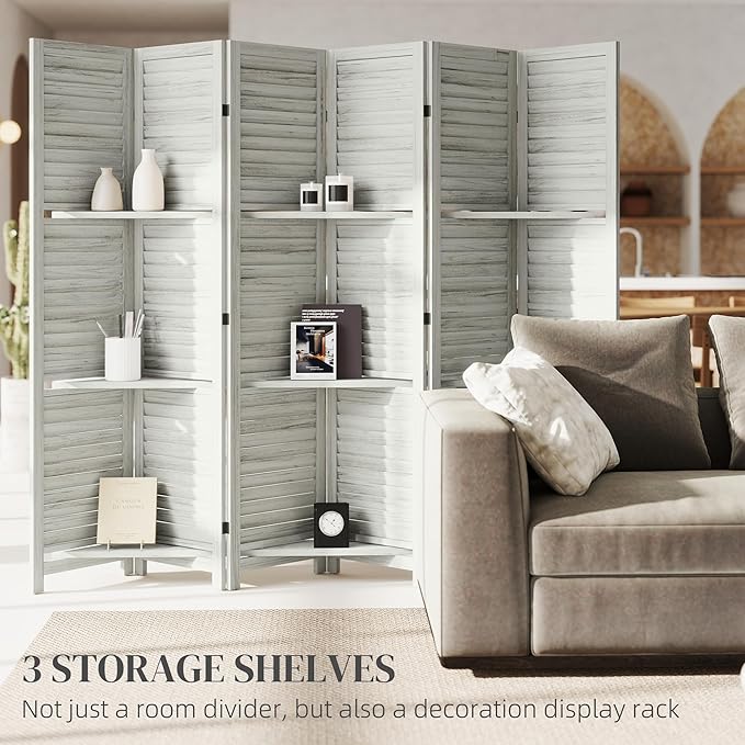 HOMCOM Room Divider, 6 Panel 67" Tall Wood Privacy Screen with 3 Display Shelves, and Folding Storage for Bedroom or Home Office, Distressed White