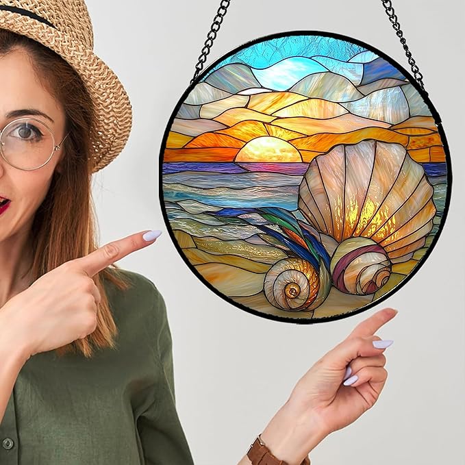 AMDERVEN Stained Glass Window Hanging - Colorful Beach Shells Conch Sun Catcher for Door Home Decor Ocean Suncatcher Christmas Mother's Day Birthday Sea Lover Gifts for Women Men Mom Nana 6.3 in