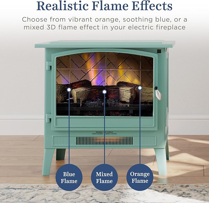 Country Living Infrared Freestanding Electric Fireplace Stove Heater in Mineral Blue | Multiple Flame Colors, Metal Design with Faux Wooden Logs | Alexa/WiFi Enabled, Remote Control