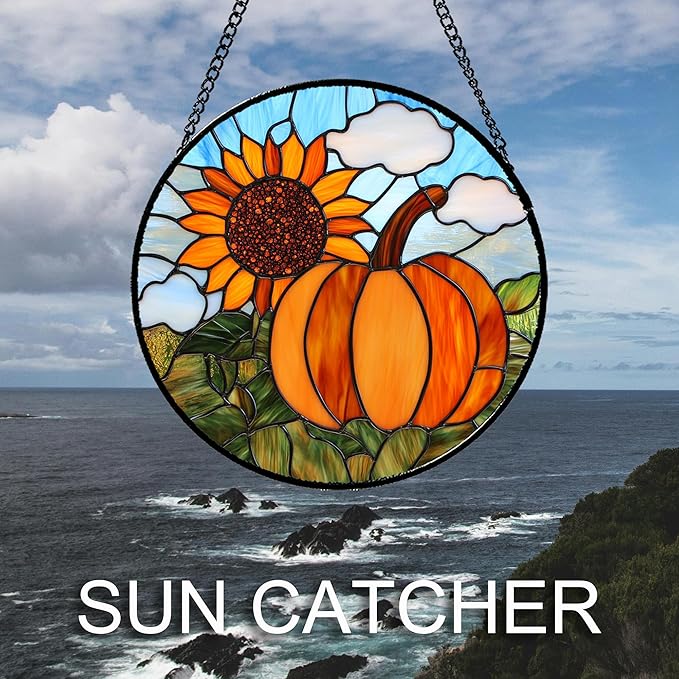 DASTOLL Stained Glass Window Hanging Fall Farm Scenery Sunflower Pumpkin 7.8" - Suncatcher Door Garden Kitchen Sunroom Sun Catcher Home Decor Birthday for Mom Grandma Men Woman