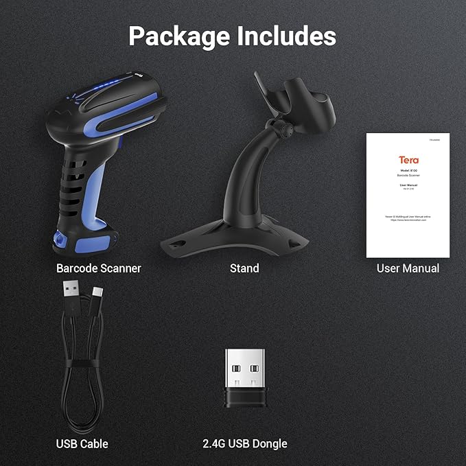Tera Barcode Scanner Wireless 2D QR with Stand: Pro Version Battery Level Indicator 2500mAh Industrial Grade Bar Code Reader 3-in-1 Works with Bluetooth 2.4G USB Wired 8100 Dark Blue