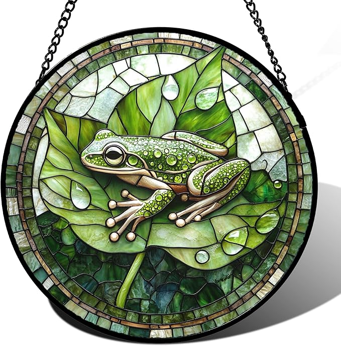CRISGIF Stained Glass Window Hanging - Cute Frog Suncatcher for Doors Garden Patio Green Leaves Sun Catchers Decor Christmas Mother's Day Birthday Gifts for Women Men Mom Nana Boy Friend 11.8 in