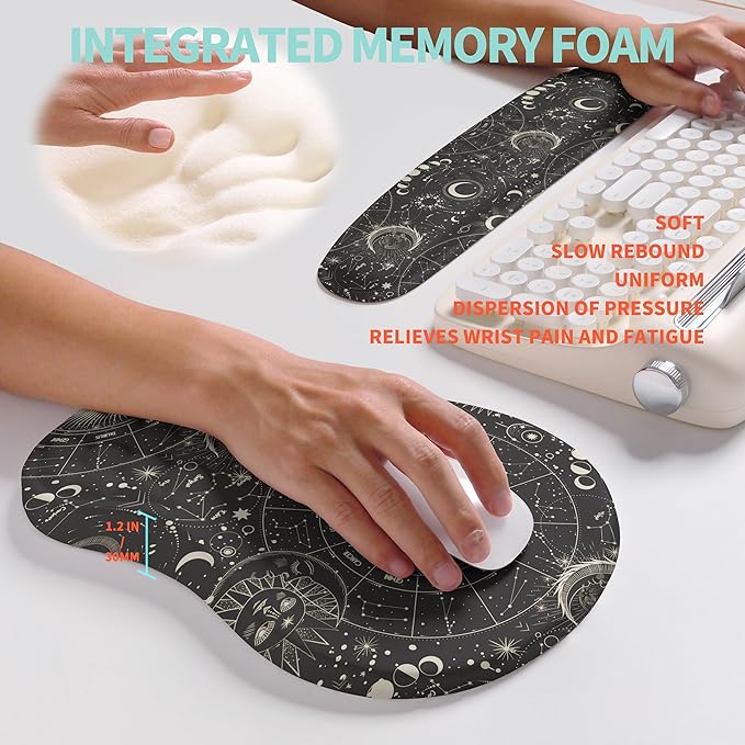 KUOSGM 2-in-1 Ergonomic Set, Wave Rise Keyboard Wrist Rest and Massage Bulge Slope Mouse Pad Wrist Support, Cushion Memory Foam Integrated to Relieve Wrist Pain, Constellation