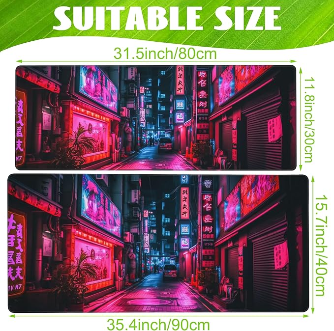 Eflxamz Desk Mat,Japanese Anime Neon Street Desk Pad,Anime City Large Gaming Mouse Pad for Desk,Extended Big Computer Keyboard Mouse Pad with Non-Slip Base and Stitched Edge,31.5"x11.8"