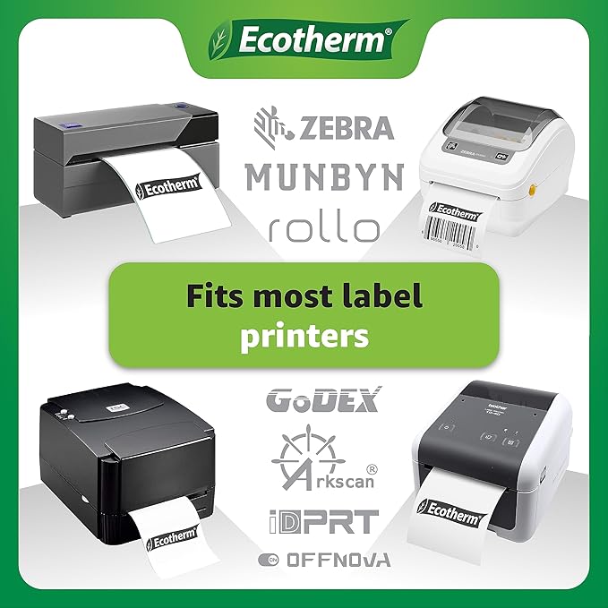 2.25" x 4" Thermal Labels | 6 Rolls | 4200 Labels | fits Zebra, Munbyn, Rollo, Godex, Arkscan, iDPRT, Offnova Thermal Label Printers and More | Blank White Adhesive Stickers by Ecotherm