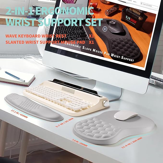 KUOSGM 2-in-1 Ergonomic Set, Wave Rise Keyboard Wrist Rest and Massage Bulge Slope Mouse Pad Wrist Support, Cushion Memory Foam Integrated to Relieve Wrist Pain, Silver Gray