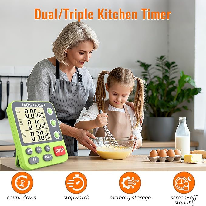 MOSTRUST Digital Dual Kitchen Timer, 3 Channels Countdown Triple Timer for Cooking, Magnetic Memory-Preset Large-Display Adjustable Alarm Volume, Multi Times Management, 3A Battery Included, Green