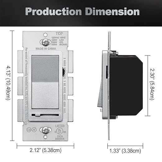 BESTTEN 5 Pack Matte Silver Dimmer Light Switch, Single Pole or 3-Way, Compatible with Dimmable LED, CFL, Incandescent and Halogen Bulb, LED Slide Dimmer Wall Switch, 120VAC, UL/cUL Listed