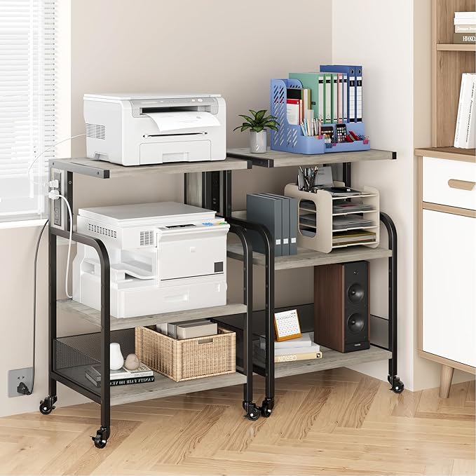 Garvee 3-Tier Large Printer Stand with Power Outlets & USB Ports,Industrial Rolling Printer Cart with Heavy Duty Metal Frame & Adjustable Shelf & Storage & Lockable Wheels for Home Office, Retro Gray