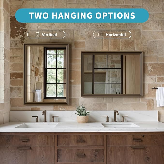 Retro Copper Effect Framed Wall Mirror, 30x40 Rectangle Mirror, Anti-desilvering Tempered Glass, Sustainable&Sturdy Frame, Anti-Rust, HD Reflection &3min Fast Setup for Bathroom Living Room