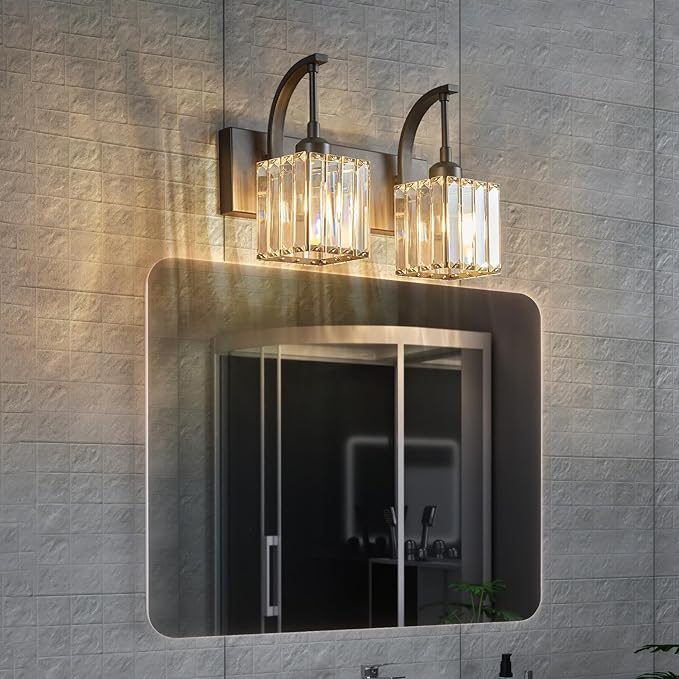 FDPBY Crystal Vanity Lights 2-Light Black Wall Lamp Modern Crystal Bathroom Light Fixtures Over Mirror 13.77" Long Bathroom Wall Sconce