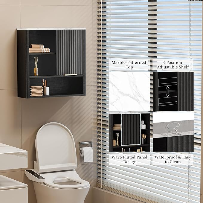Bathroom Wall Cabinet, Fluted Medicine Cabinet with Adjustable Shelves, Wood Over The Toilet Storage Cabinet for Kitchen, Living Room, Laundry Room, Black