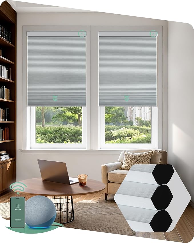 Yoolax Smart Blinds, Motorized Cellular Shades Compatible with Alexa, Blackout Electric Blinds with Remote for Indoor Windows, Automatic Energy Saving Honeycomb Shades, White, 31" W x 72" H