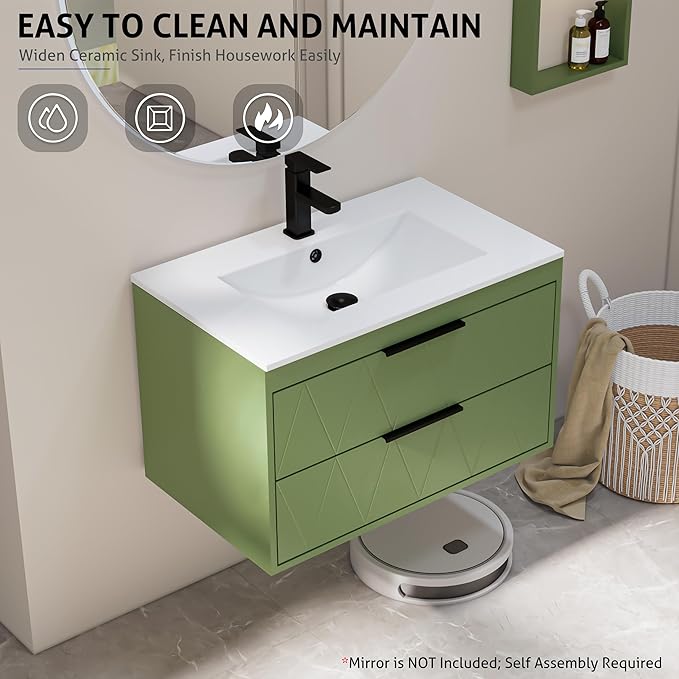 eclife 30" Bathroom Vanities Cabinet with Sink Combo, Wall Mounted Floating Cabinet W/Decor Line, Soft-Close System, 2 Extra Big Drawers, Matte Black Faucet, Matcha Green