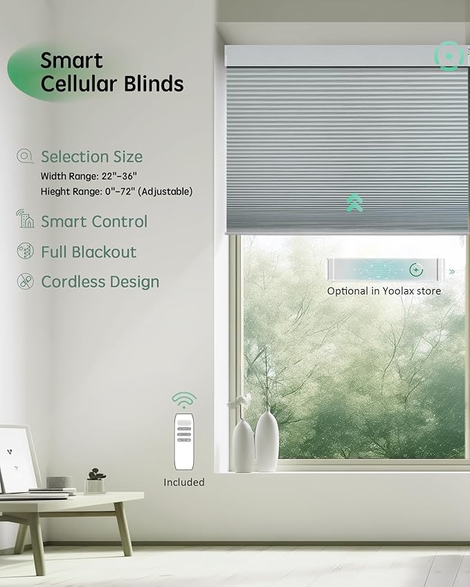 Yoolax Smart Blinds, Motorized Cellular Shades Compatible with Alexa, Blackout Electric Blinds with Remote for Indoor Windows, Automatic Energy Saving Honeycomb Shades, White, 33" W x 72" H