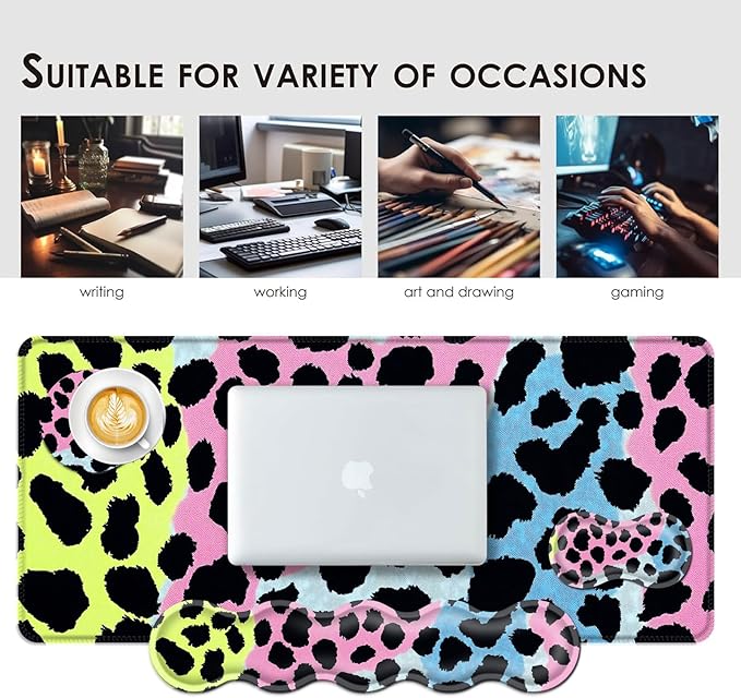 BFUKVOU Large Keyboard Mouse Pad Set, Extended Mouse Pad+Keyboard Wrist Rest Support, Memory Foam Ergonomic Easy Typing, 4Pcs (31.5×11.8 in) Desk Pad Set for Office Home,Leopard Print