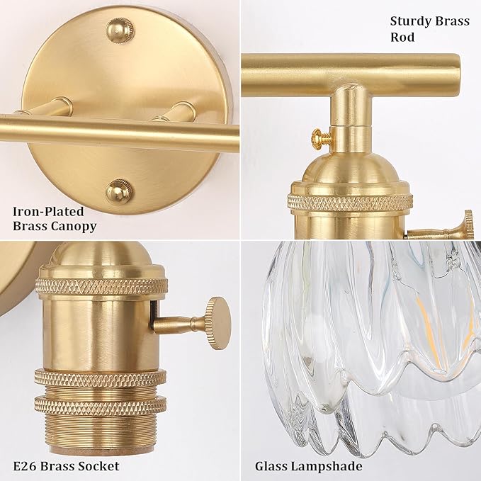 Shenmoyl Battery Operated Bathroom Light Fixtures, 2-Light Brass Vanity Wall Light with 5000mAh Rechargeable Bulb Over Mirror with Clear Tulip Glass Shade for Bedroom Living Room