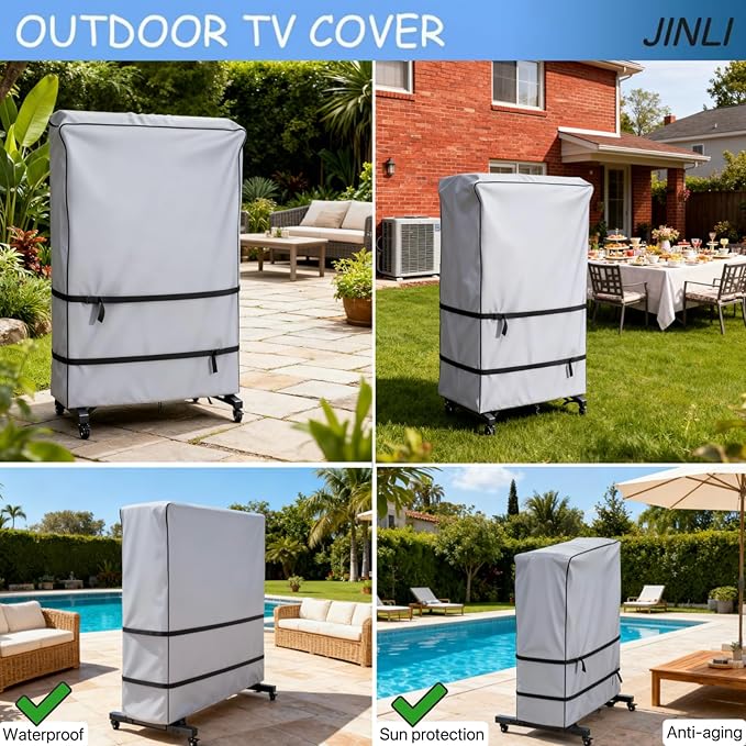 JINLI 45-50 inch outdoor TV trolley cover, courtyard TV cover, Oxford fabric waterproof and dustproof, triple windproof design, compatible with rolling/mobile stand