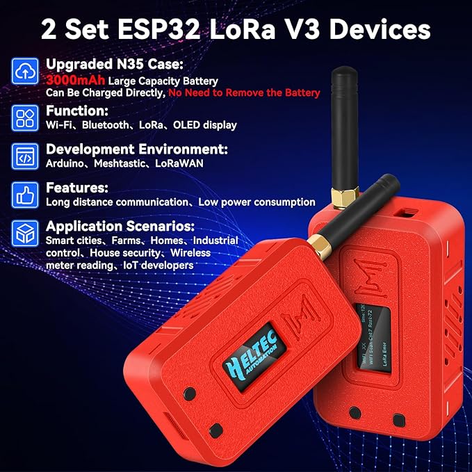 Meshnology 2 Set ESP32 LoRa V3 Module Board with 915 MHz Antenna + 3000mAh Battery + Protect Case - with WiFi Blue Tooth SX1262 CP2102 0.96” OLED Display Type C for Ar duino Meshtastic IOT (N35, Red)