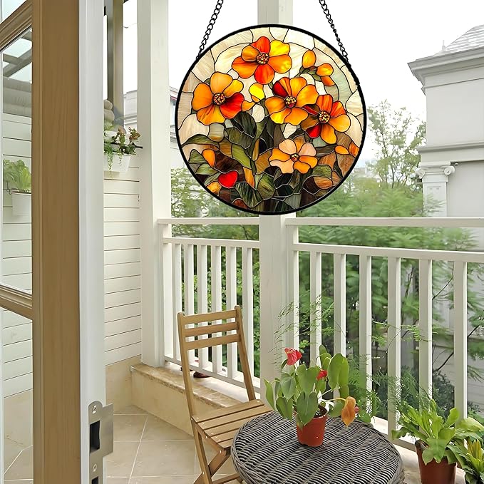 CRISGIF Stained Glass Window Hanging - Orange Marigolds Flowers Suncatcher for Door Garden Yard Sun Catchers Decor Christmas Mother's Day Birthday Gifts for Women Mom Nana Girlfriend Men 7.8 in