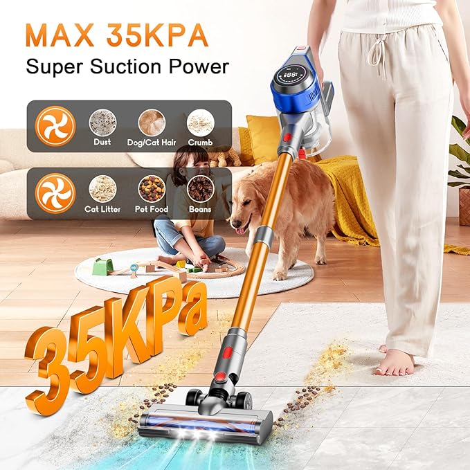 BSNAW Cordless Stick Vacuum Cleaner - Rechargeable, 35Kpa Powerful Vacuums with Detachable Battery, LED Display, 45Mins Runtime, 8 in 1 Handheld Vacuum for Hardfloor & Carpets Pet Hair, Blue