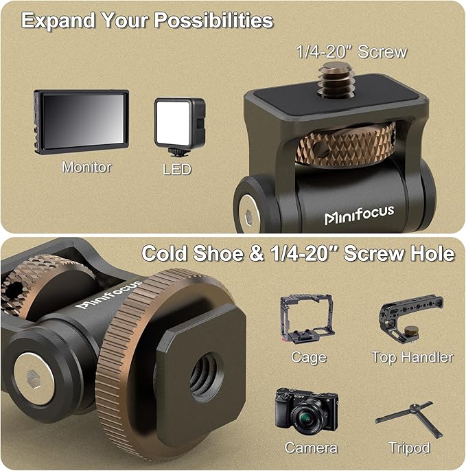 MINIFOCUS Camera Monitor Mount with Cold Shoe, 1/4" Screw for 5" & 7" Field Monitors, 160° Tilt Adjustable Holder for Field Monitor, LED, Flash and Video Shooting Photography Accessories