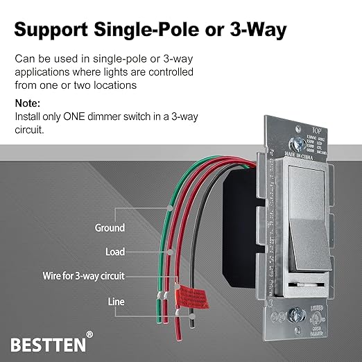 BESTTEN 5 Pack Matte Silver Dimmer Light Switch, Single Pole or 3-Way, Compatible with Dimmable LED, CFL, Incandescent and Halogen Bulb, LED Slide Dimmer Wall Switch, 120VAC, UL/cUL Listed