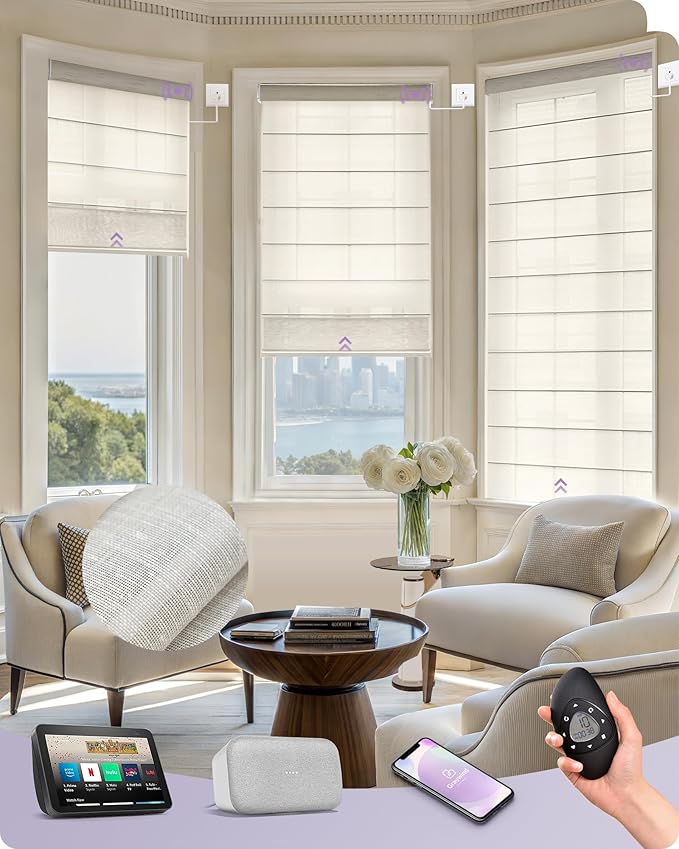 Graywind Smart Roman Shades 20% Blackout Compatible with Alexa Google WiFi Hardwired Automatic Blind Remote View Visible Roman Window Shades for Windows Doors, Custom Size (Semi-Sheer Ecru)