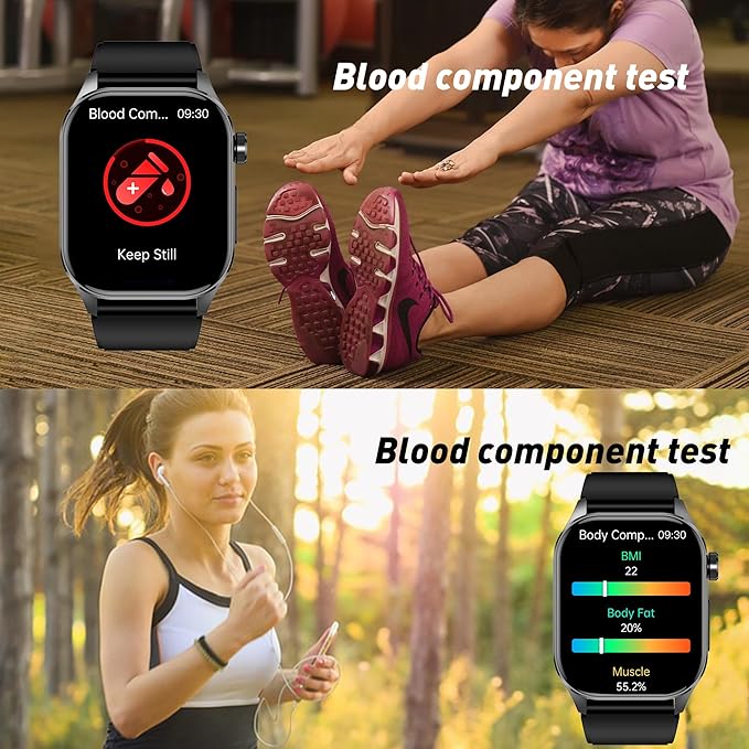 Smart Watch for Men Women, 2.04" AMOLED Color Screen, 24/7 Heart Rate, Blood Oxygen, Blood Pressure, Sleep and Stress Health Monitor, Blood and Body Composition Insights, 150 Sports Modes (Blue)