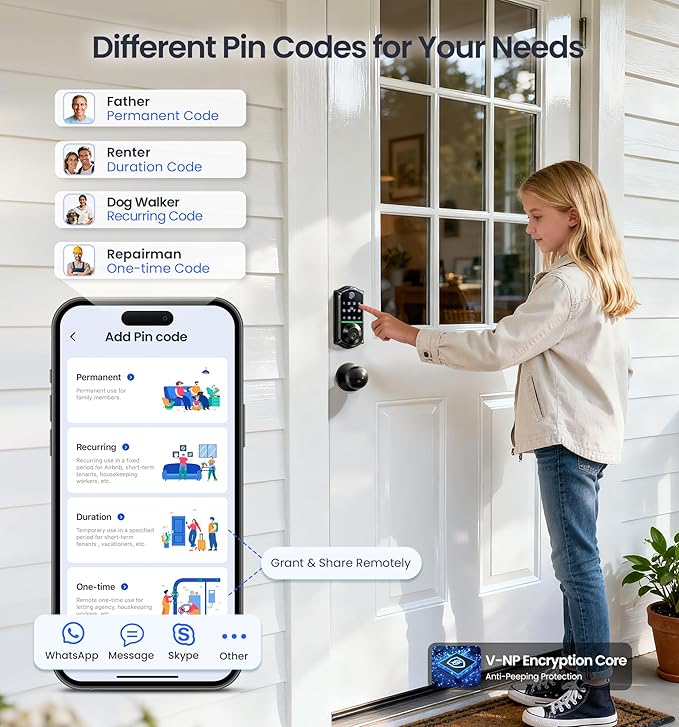 Veise VE017-K Fingerprint Smart Lock with 2 Knobs, App Control, Keyless Entry Front Door Lock with Handle Set, Electronic Digital Touchscreen Keypad Deadbolt, IP55 Waterproof, Auto-Lock, Matte Black