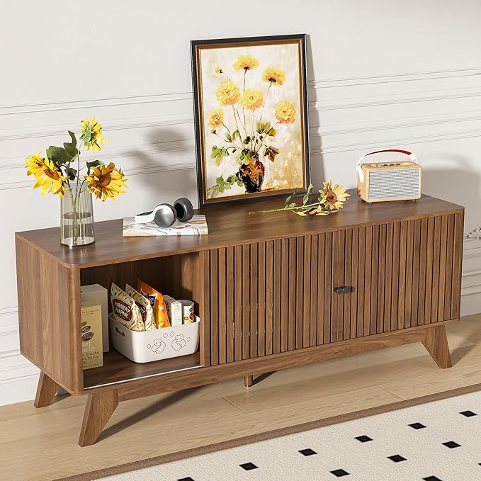 Oubayajia Mid Century Modern TV Stand for Televisions up to 60 Inches, with Sliding Doors and Storage, Curved Edge Television Stands, TV Consoles, Media Consoles for Living Room (Walnut, 51.2inch)