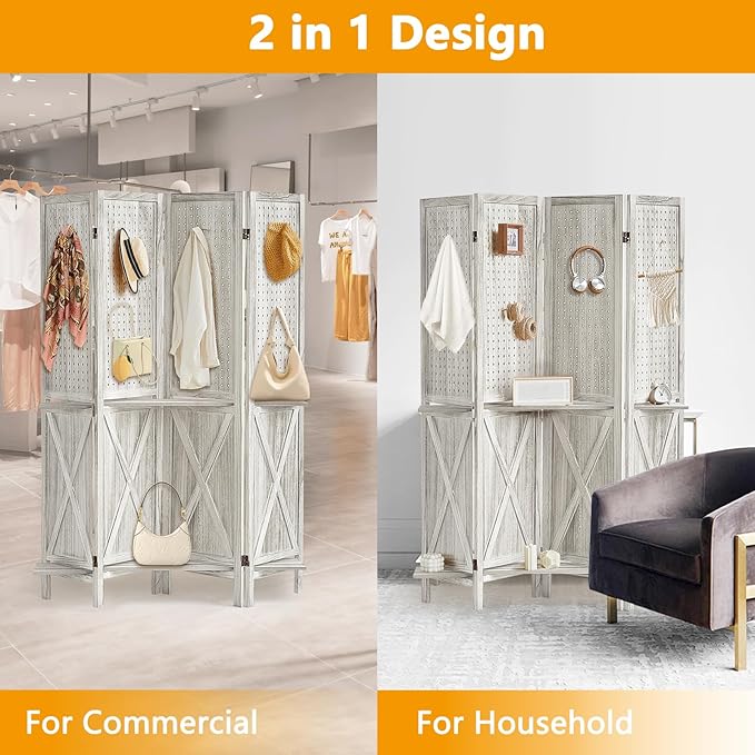 Aleesing 4 Panel Pegboard Display with 16 Hooks, Wooden Pegboard Room Divider Wall with Shelf, Partition Room Dividers and Folding Privacy Screens, Bedroom, Jewelry Store, White