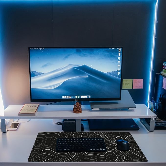 Eflxamz Desk Mat,Black Topographic Contour Map Desk Pad,Topographic Contour Large Gaming Mouse Pad for Desk,Extended Big Computer Keyboard Mouse Pad with Non-Slip Base and Stitched Edge,31.5"x11.8"