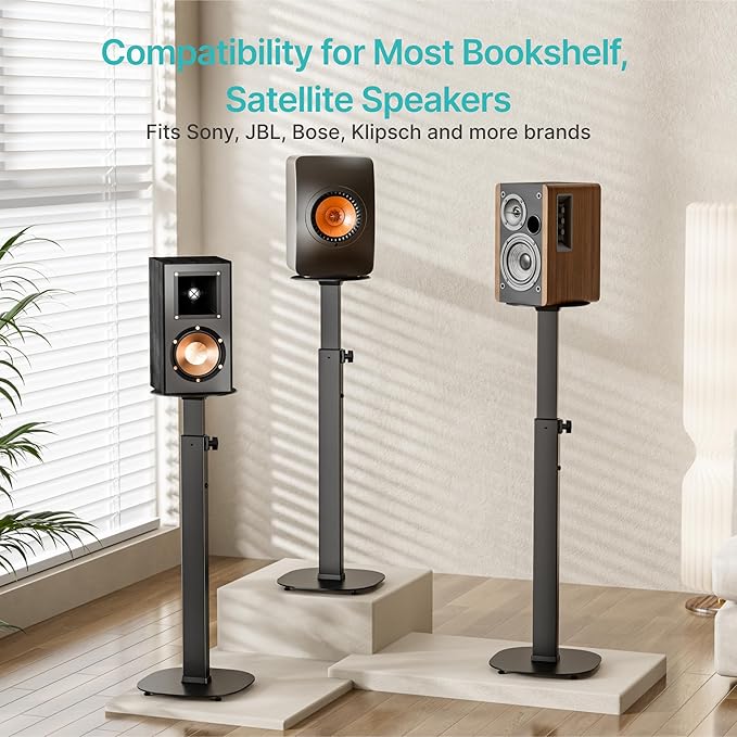 Pegzone Height-Adjustable Speaker Stand Pair from 28.6" to 46.1",22lbs Capacity,Bookshelf Speaker Stands for Surround Sound, Two Feet Avaliable, Easy Installation, Black