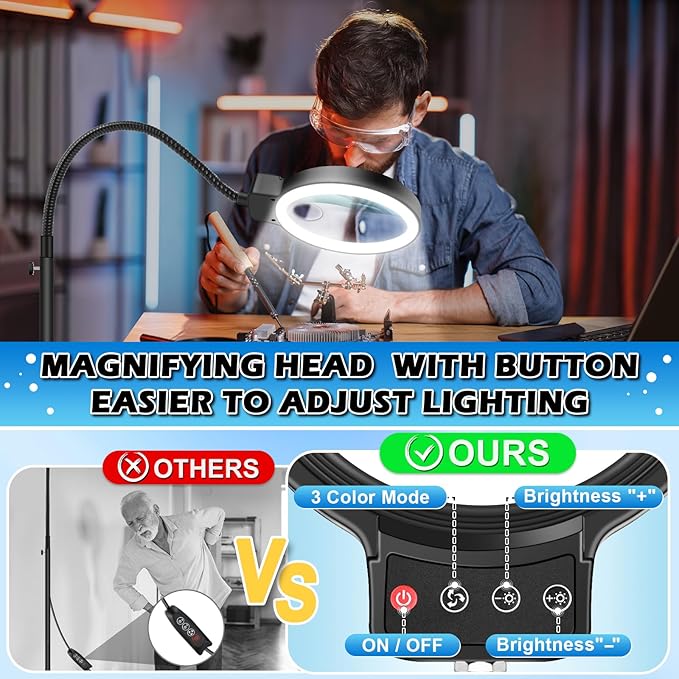 30X 10X Large Floor Magnifying Glass with Light and Stand,72 LED Flexible Gooseneck Floor Magnifying Lamp,2 in 1 Lighted Magnifiers for Close Work, Sewing,Crafts,Hobbies（Black）