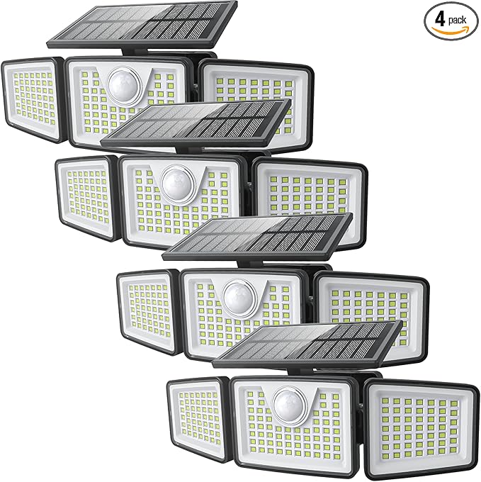 daphino 2500LM Solar Lights Outdoor with Motion Sensor,3 Head 270° Wide Angle Street Area Lights,IP65 Waterproof Security Lighting with 3 Modes(Remote,4 Pcs)